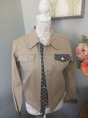 Womens Khaki Denim Jacket with Embellished Polka Dot Trim Size M.  NWT